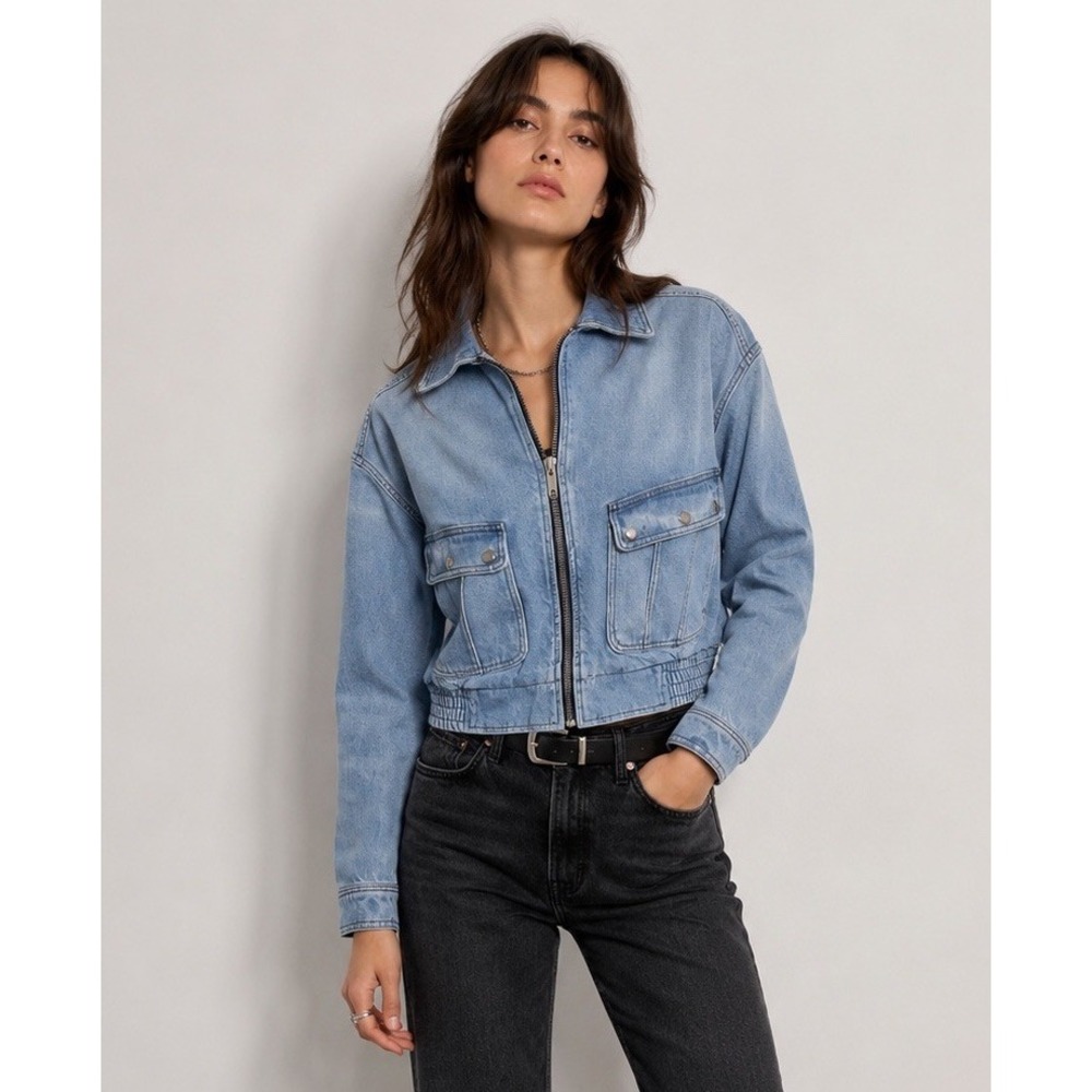 The Kooples Jeans Blue Denim Oversized Bomber Jacket Zipper Size 1 Small